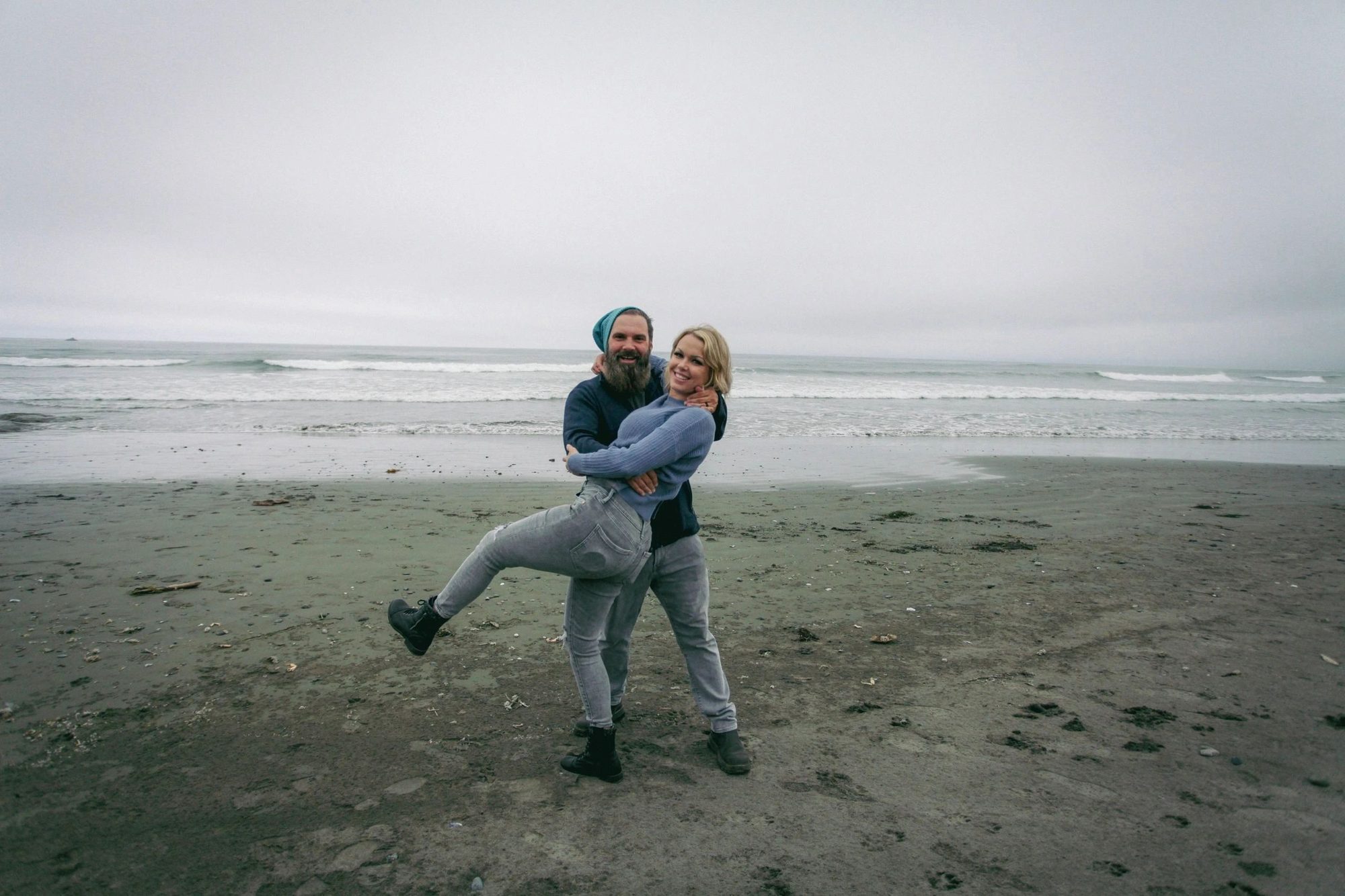 Bradley and Katie on a foggy Idaho beach